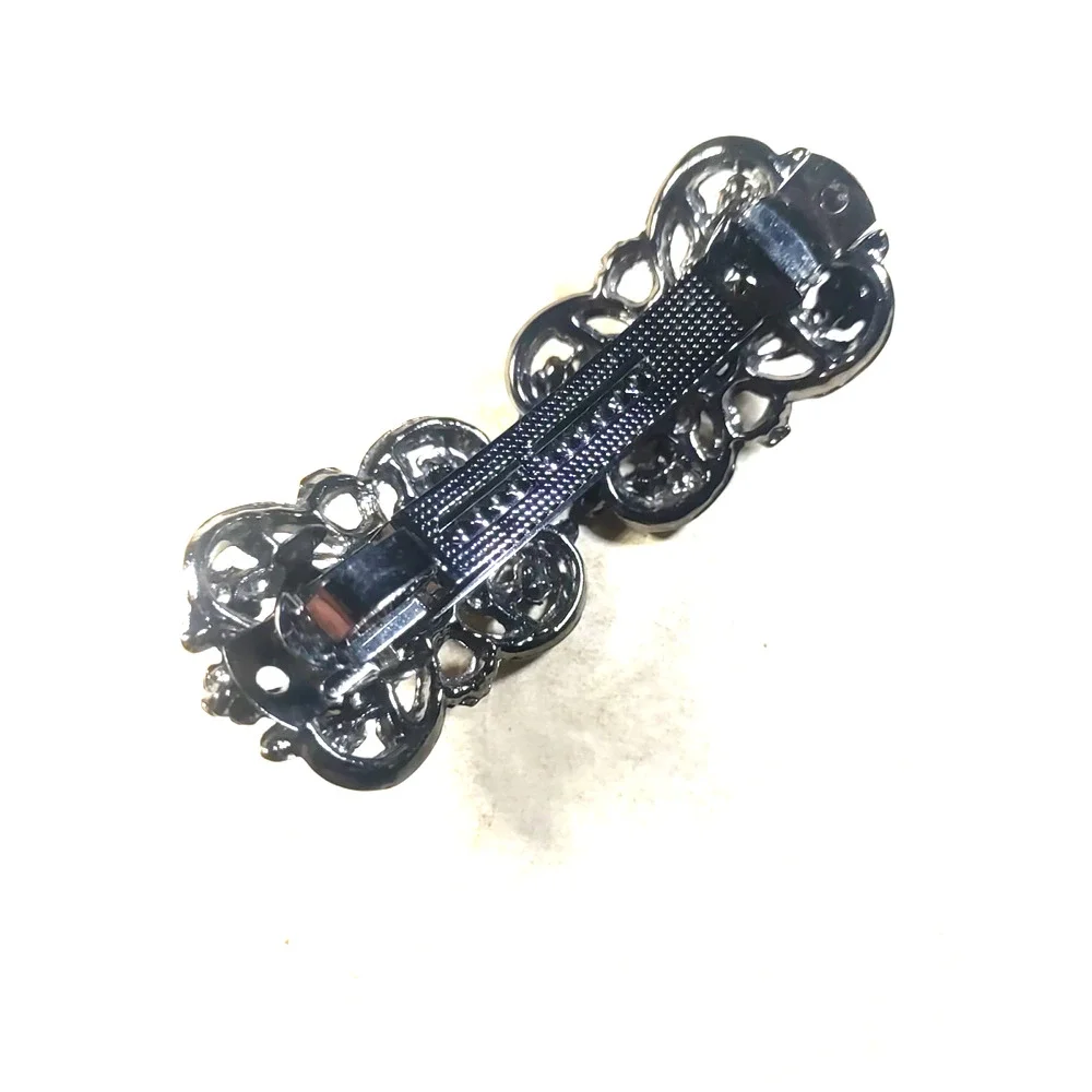 Hair Barrette Tension Clip Black Metal Black Rhinestone Goth Dance
